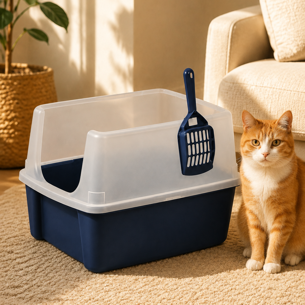 High-Sided Open-Top Litter Box with Scoop, Navy