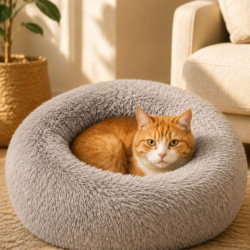 Round Cat Bed, Washable Orthopedic Fluffy Calming Pet Bed