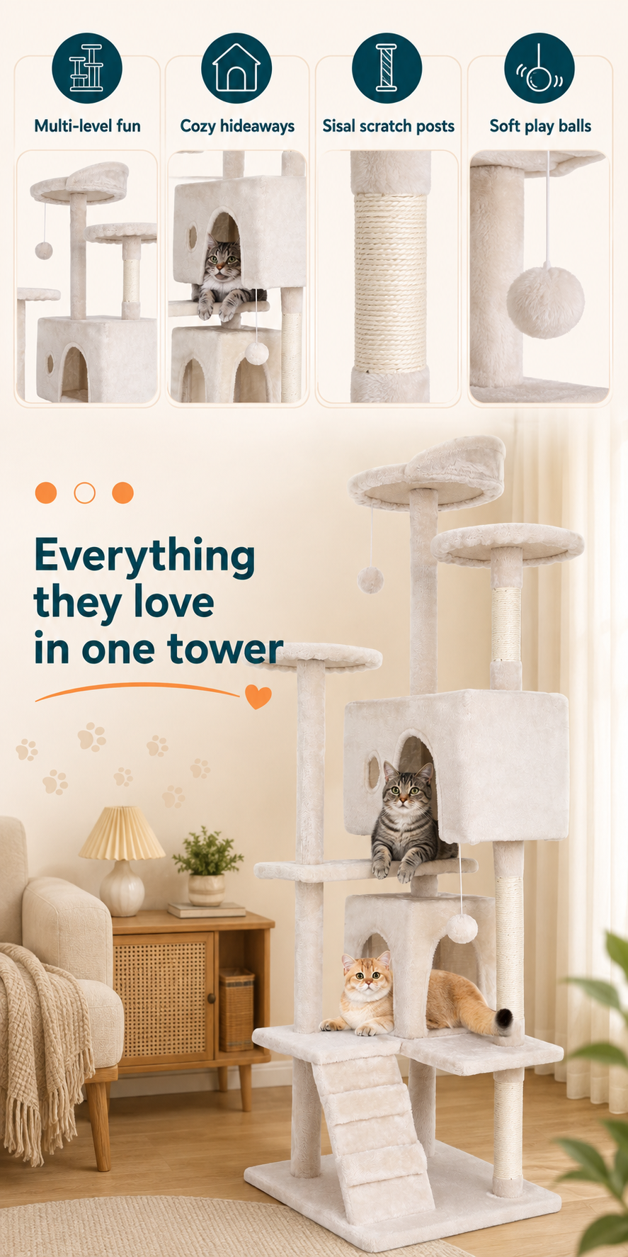 Cat Tree Tower, Multi-Level Activity Center with Scratching Posts