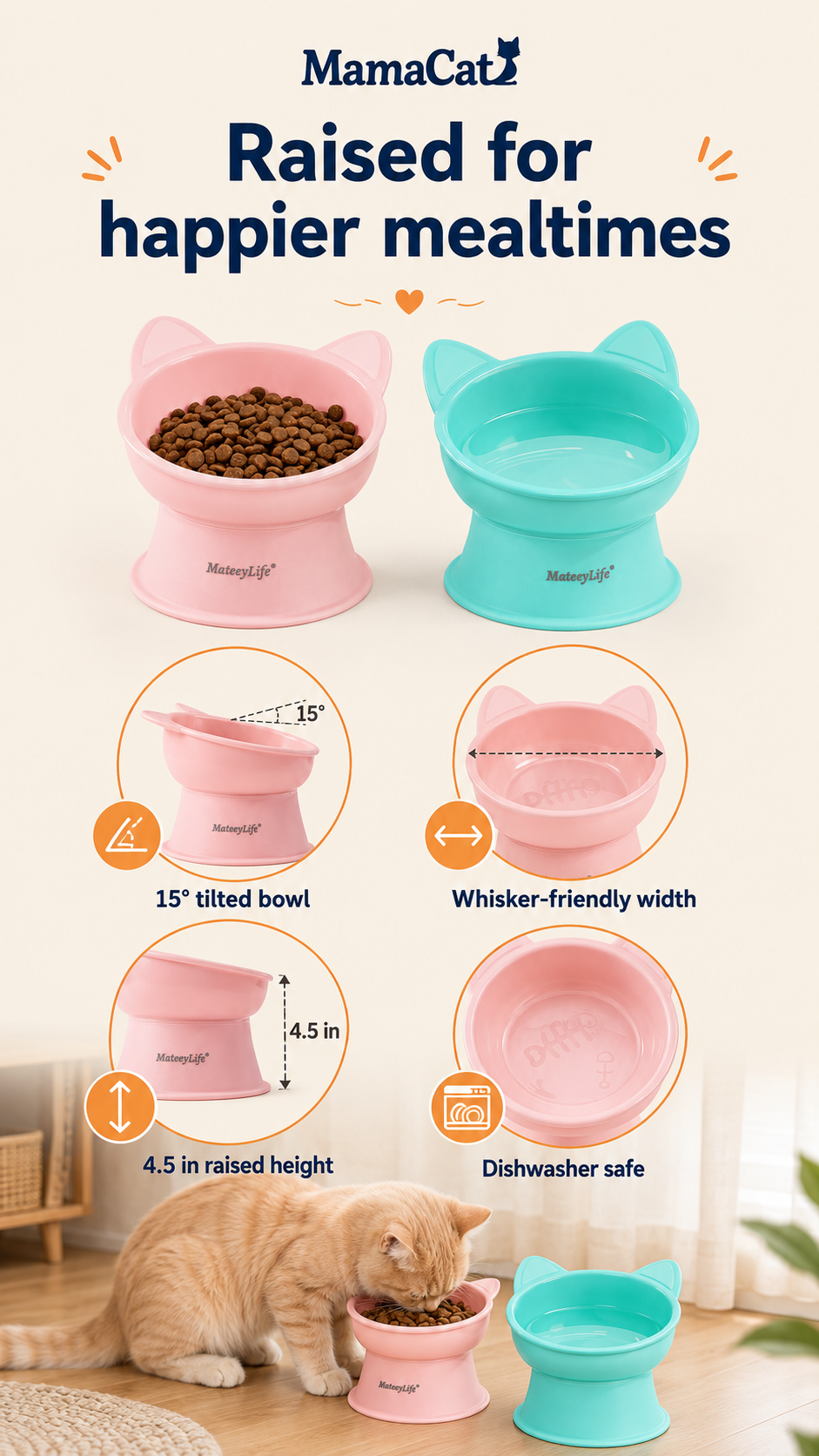 Elevated Cat Bowls, Raised Food & Water Set for Cats and Small Dogs