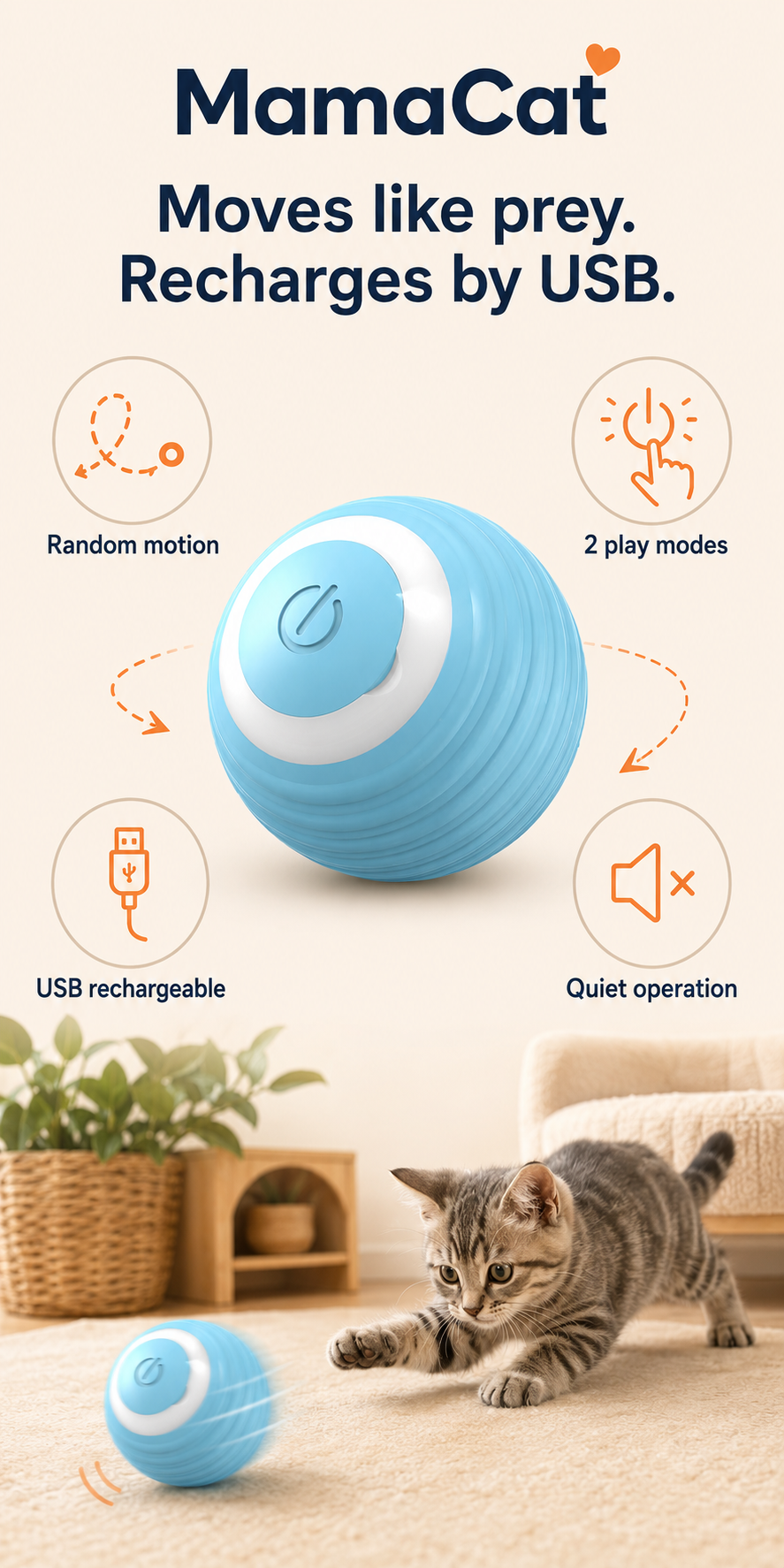 Interactive Cat Ball, USB Rechargeable Automatic Rolling Toy with Random Motion