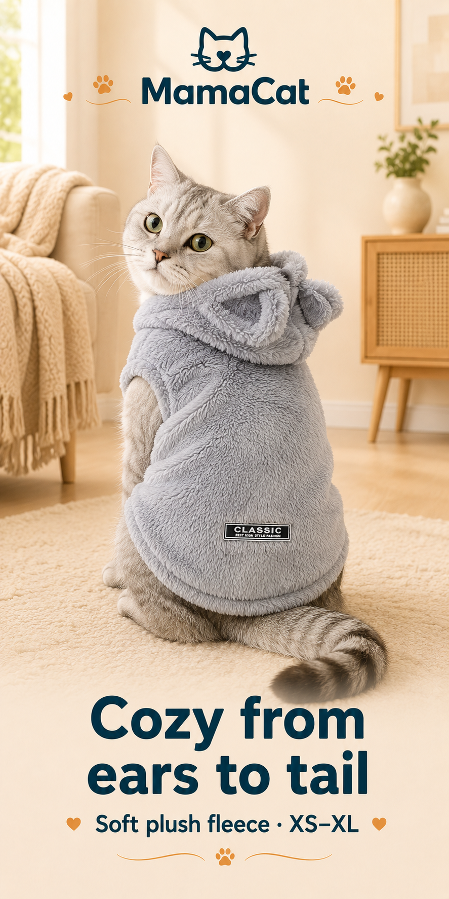 Winter Cat Sweater, Soft Fleece Hoodie Coat for Cats and Small Dogs