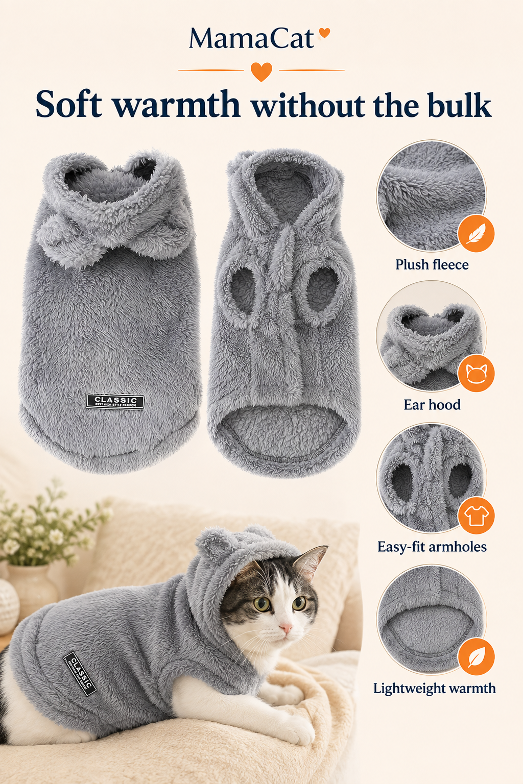 Winter Cat Sweater, Soft Fleece Hoodie Coat for Cats and Small Dogs