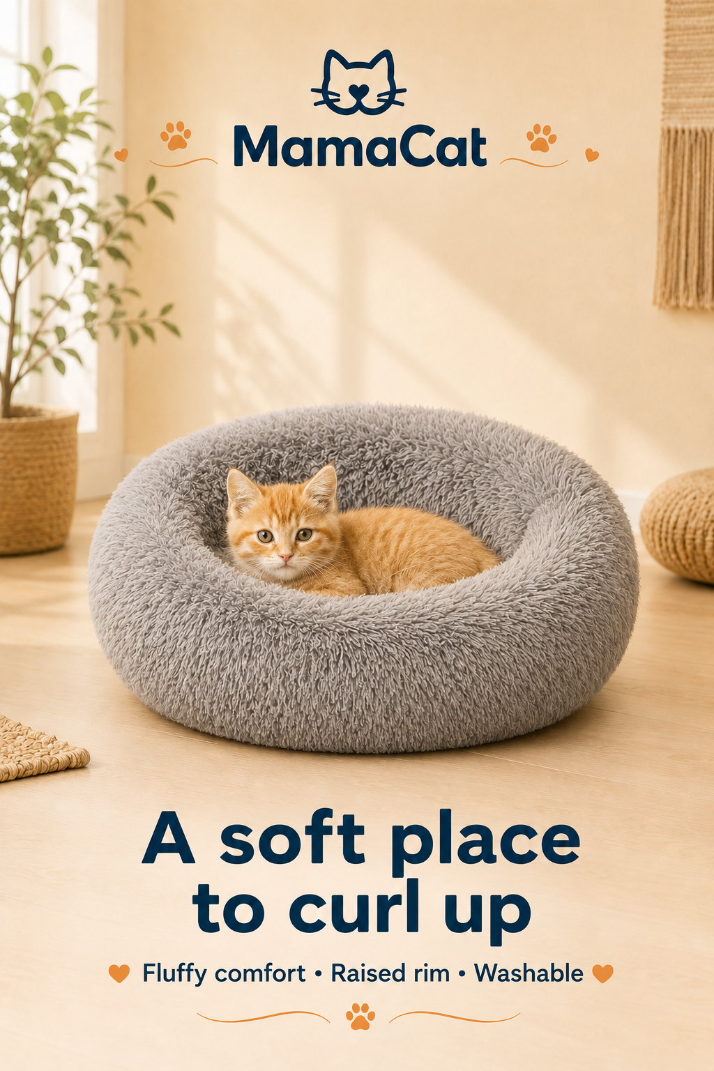Round Cat Bed, Washable Orthopedic Fluffy Calming Pet Bed