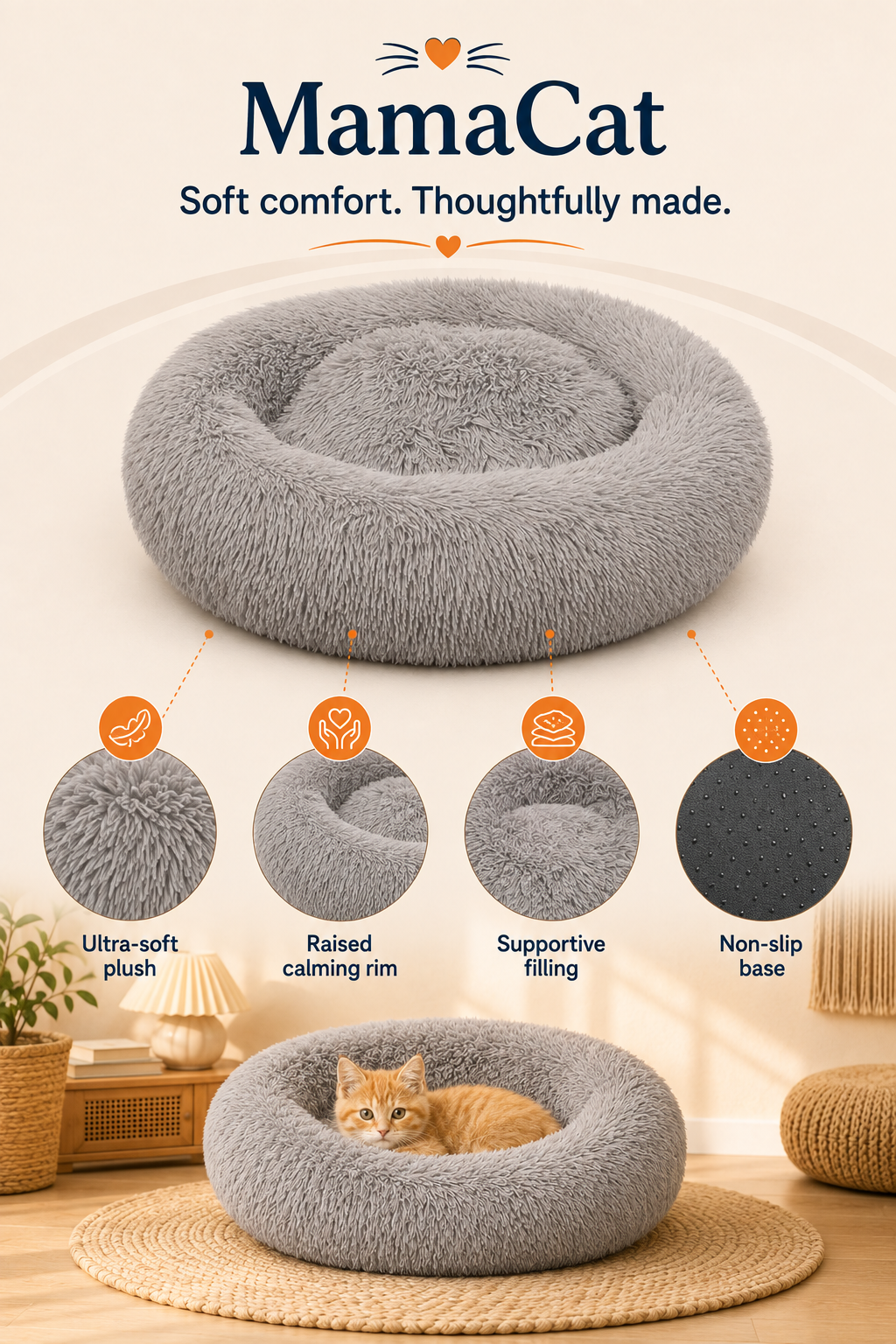 Round Cat Bed, Washable Orthopedic Fluffy Calming Pet Bed