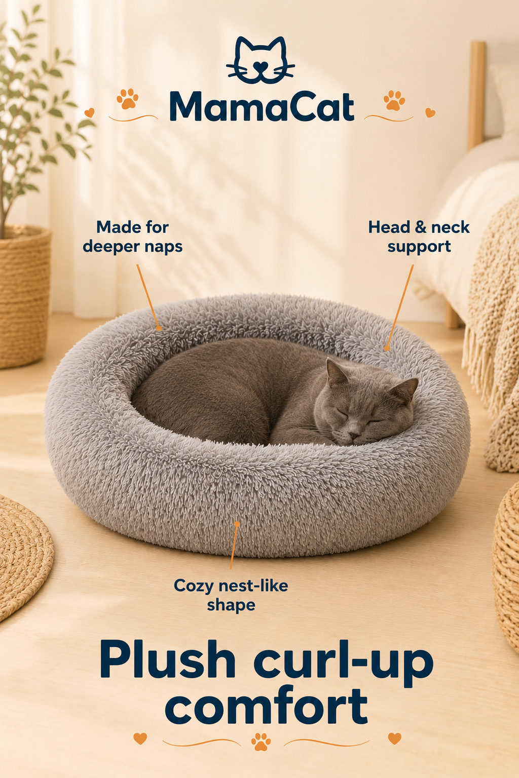 Round Cat Bed, Washable Orthopedic Fluffy Calming Pet Bed
