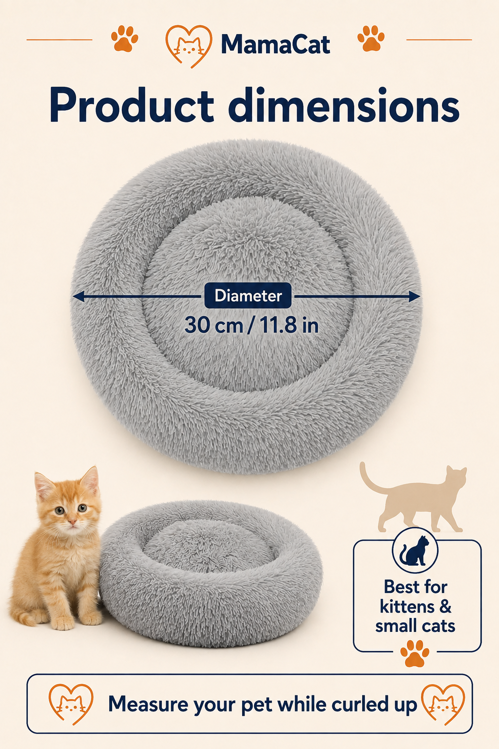 Round Cat Bed, Washable Orthopedic Fluffy Calming Pet Bed